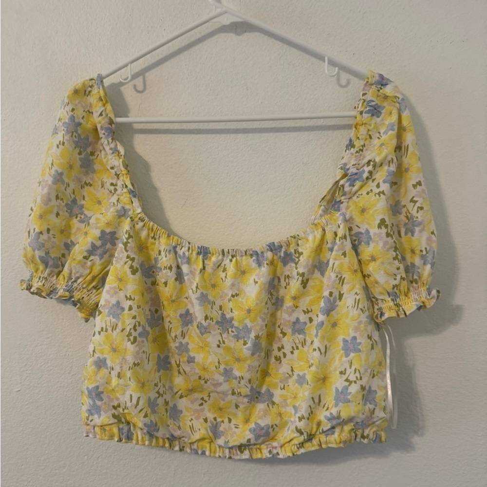 Gianni Bini Cropped Puff Sleeve Top Floral Cottage Cotton Linen NWT XXL